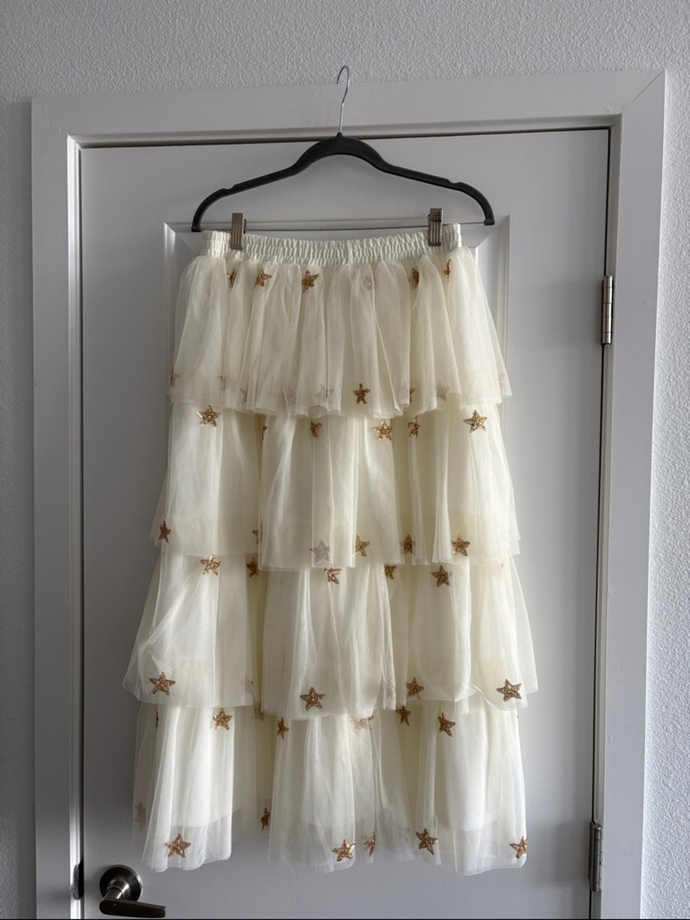 Ivory Tiered Tulle Skirt with Gold Star Embroidery